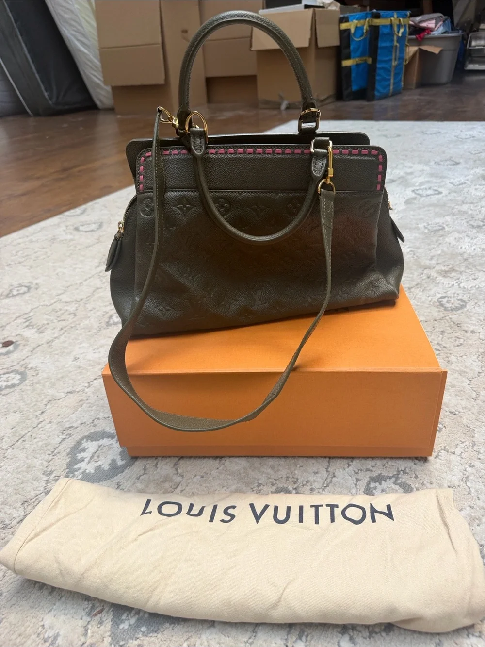 Louis Vuitton Olive Green Monogram Empreinte Satchel with Pink Accent